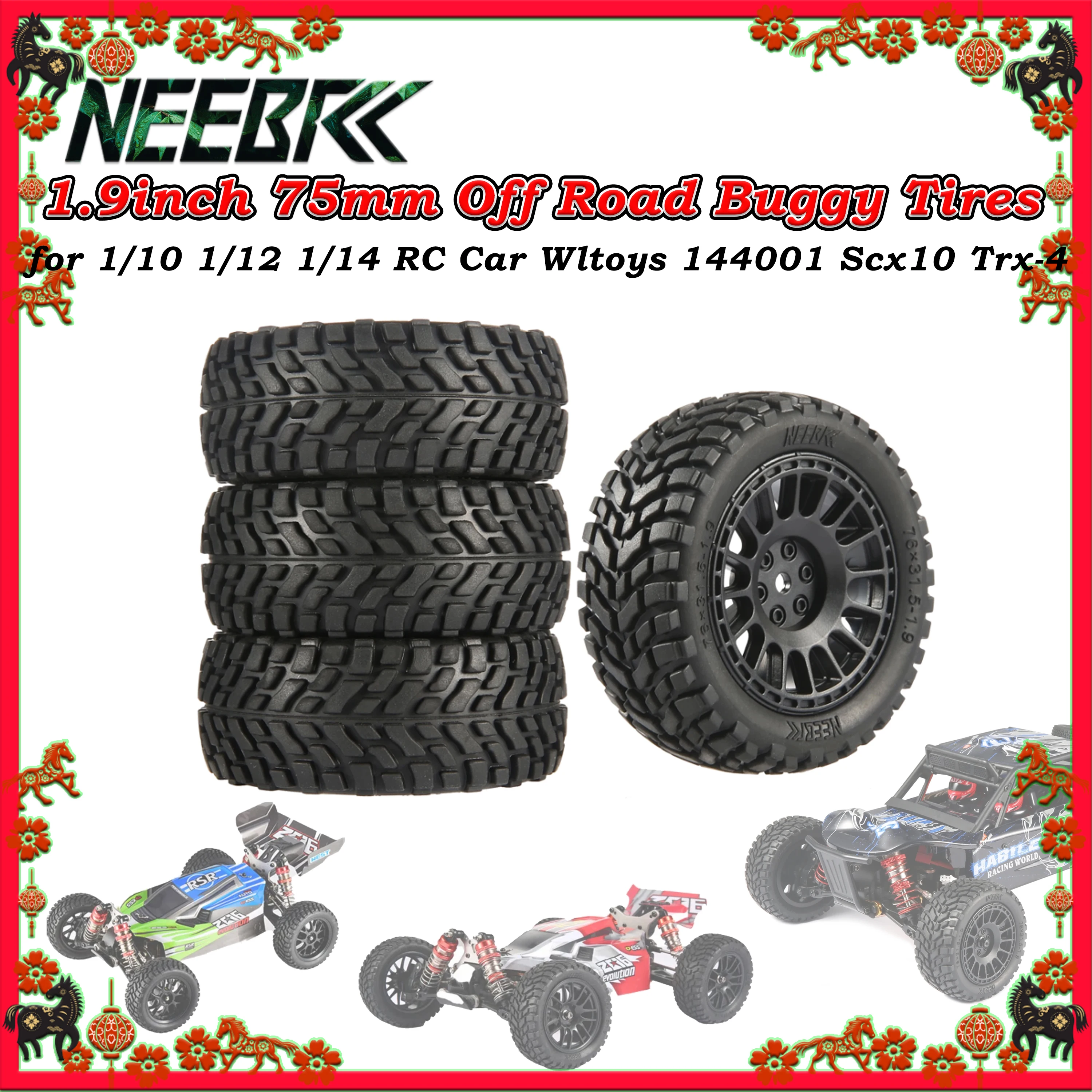 Llantas NEEBRC de 75 mm y 1.9 Pulgadas para Buggy Todoterreno, Ruedas con Bujes Hexagonales de 12 mm para Wltoys 144001 1/12 1/14 1/10 Scx10 Traxxas Trx-4 Tamiya RC Car