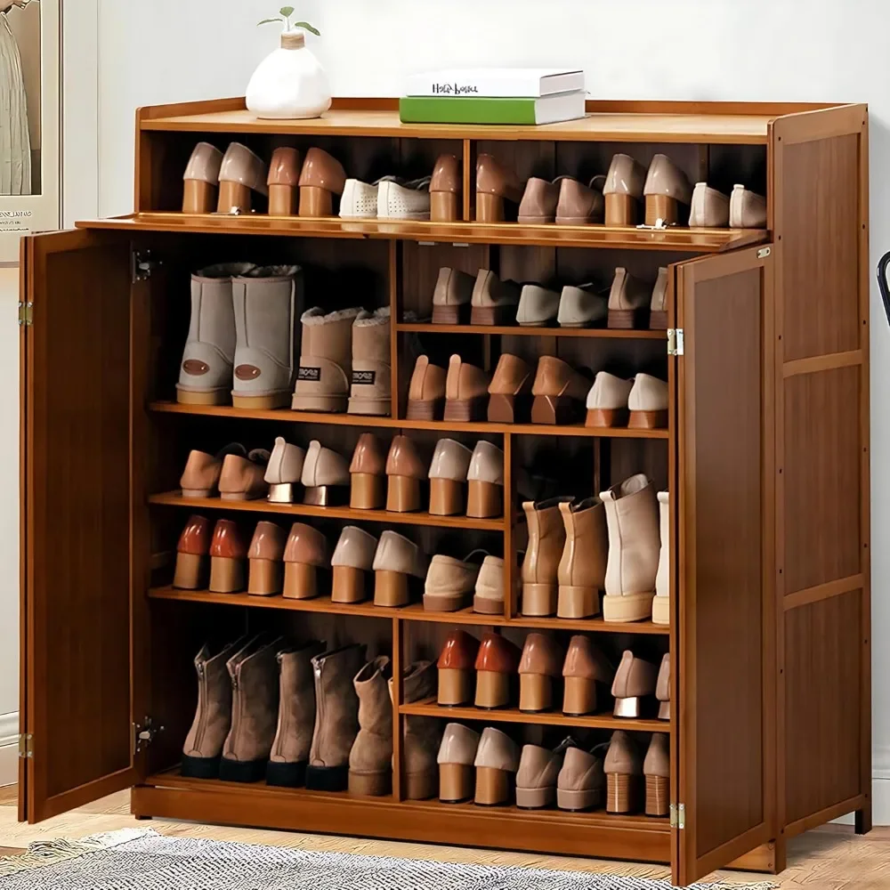 Large bamboo shoe cabinet with door, 36-40 pairs shoe cabinet, high shoe cabinet with drawers in the hallway living room