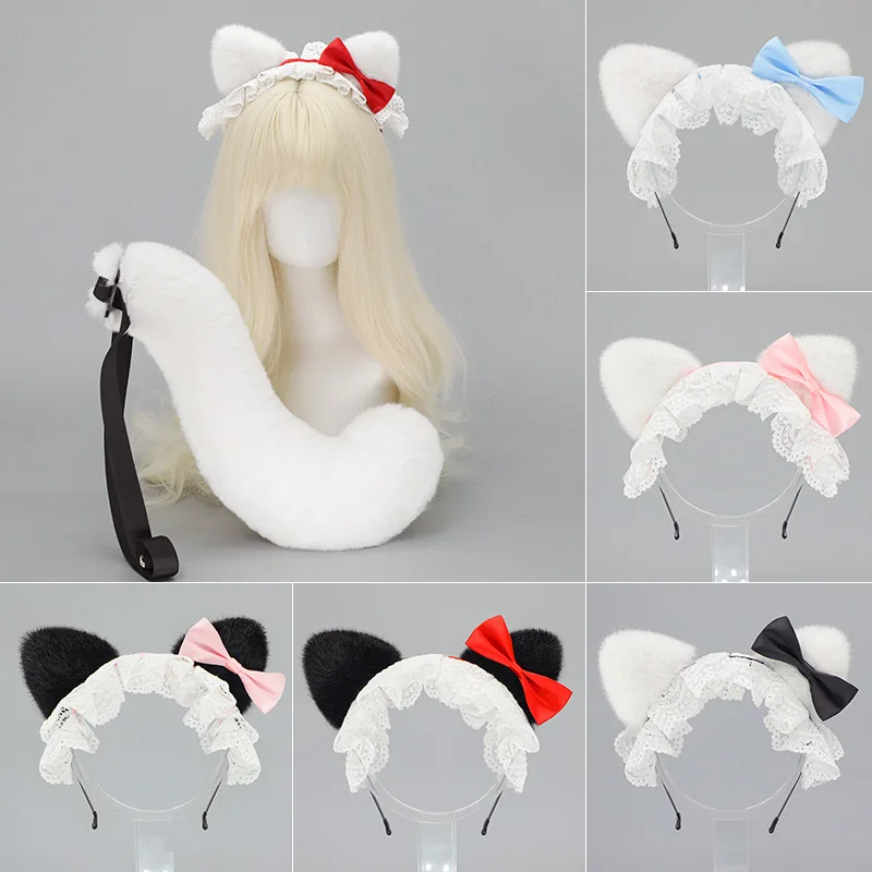 Pelzige Katzenohren Stirnband Biegsamer Schwanz Comic-Con Tier Cosplay Requisiten Lolita Mädchen Kuhohren Haarschmuck Frauen Schöner Fursuit