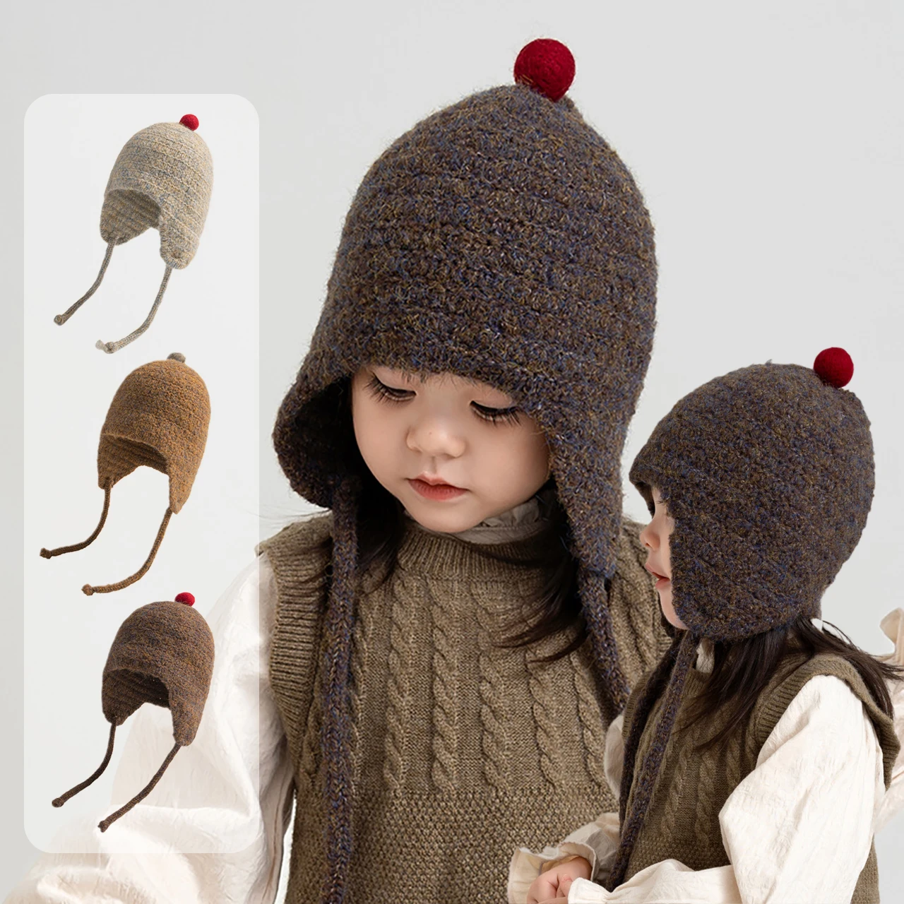 

Cute Small Ball Baby Ear Protection Hat Winter Knitted Toddler Girl Boy Lacing Cap Outdoor Windproof Warm Kids Earmuffs Beanie