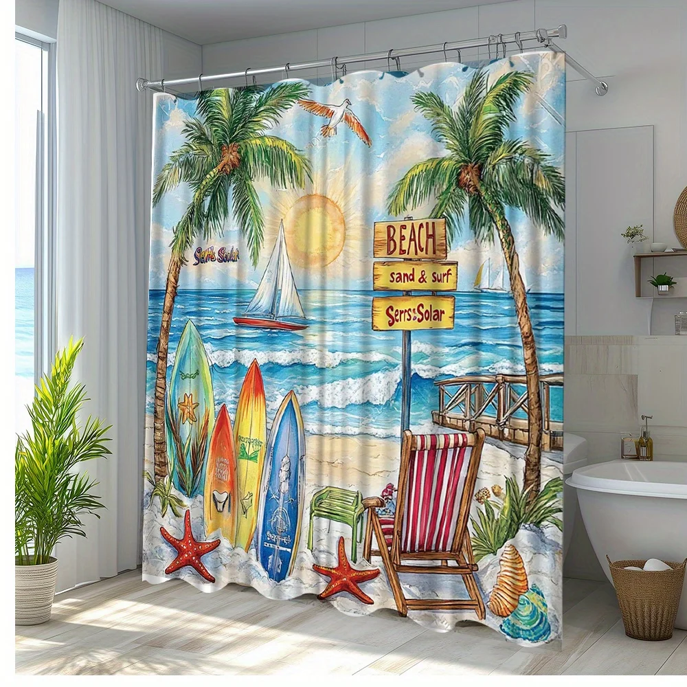 

"Tropical Beach Scene Shower Curtain, Palm Trees and Surfboards Bathroom Decor, Waterproof Polyester Fabric, Multiple Sizes