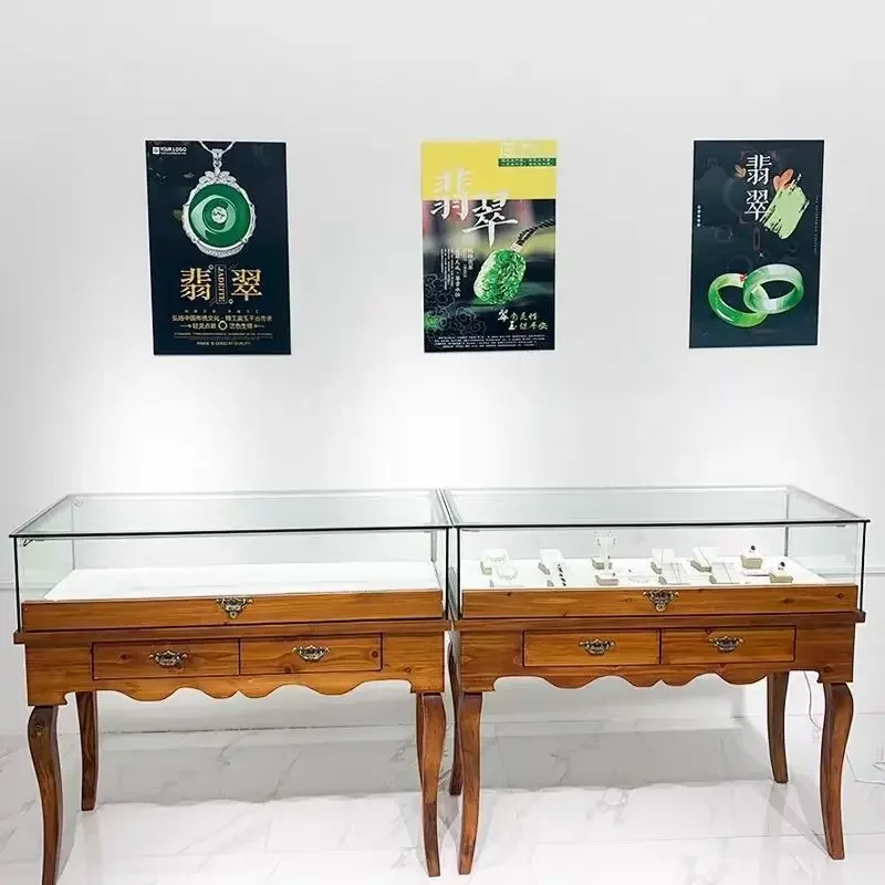 Retro Solid Wood Jewelry Display Cabinet Gold Jade Jewelry Counter Jade Display Cabinet Cultural Relics Jewelry Glass Cabinet