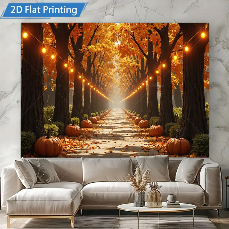 [2D PLAT] 1 st 4x16 inch Metalen Bord Herfst Bospad Pompoen Scène 2D Platte Print Metal Wall Art Decor