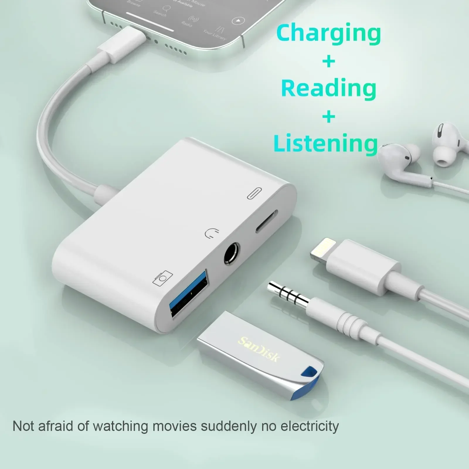 Lightning iPhone to USB3 OTG Camera Adapter 3.5mm Headphone Audio Jack Splitter for iPhone14/13/12/iPad with Charging