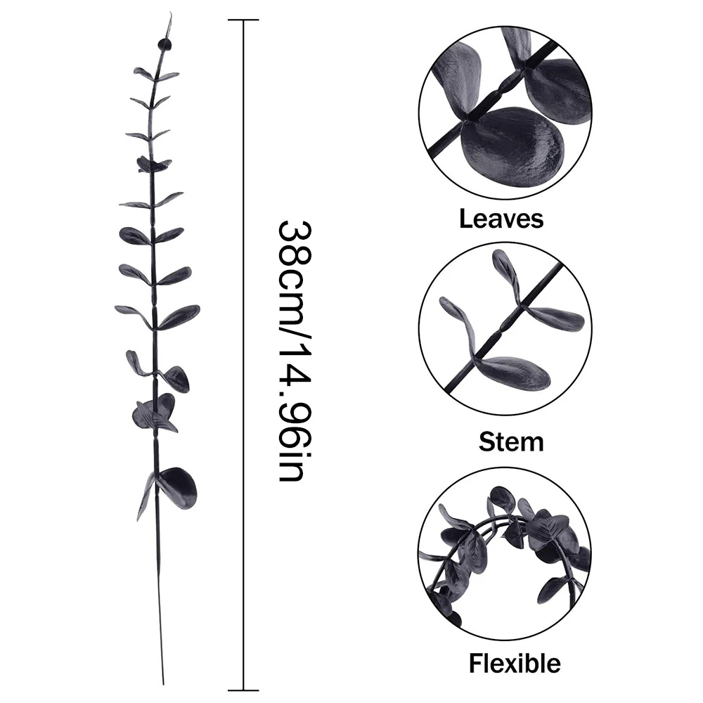 10 sztuk czarne sztuczne łodygi eukaliptusa 14,96 cala sztuczne kwiaty na Halloween święto dziękczynienia liść eukaliptusa dekoracja wnętrz