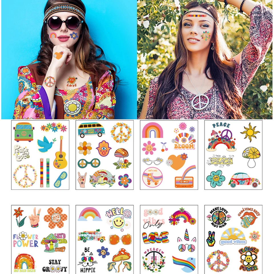 10pcs Hippie Tattoo Sticker Waterproof  Flower Smiling Face Rainbow Stickers for Hippie Wedding Birthday Party Decorations