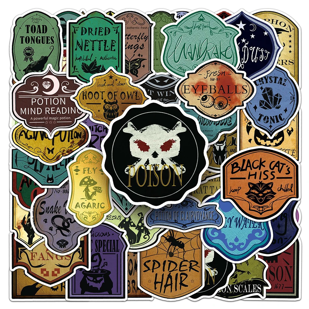 10/30/51pcs Skull Poison Potion Label Bumper Stickers Magic Vintage Decals DIY Luggage Motorcycle Laptop Waterproof Cool Sticker