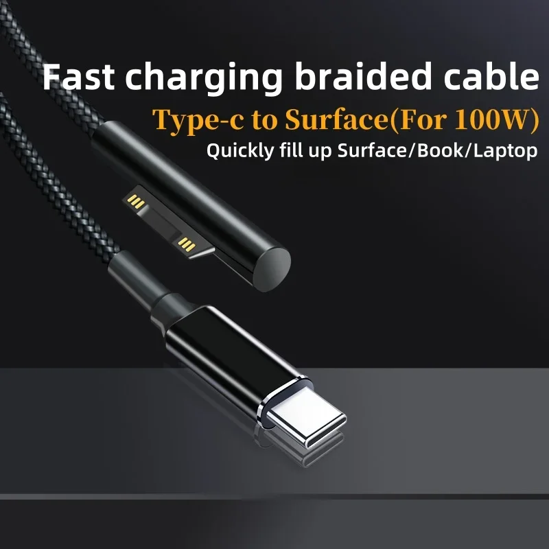 PD 100W Type-C to Microsoft Surface Charger Cable Braided USB-C Power Delivery Cord for Surface Pro 7/8/9, Laptop Go, Book 3