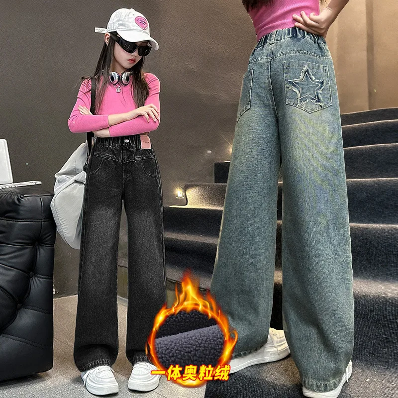

Детские зимние утепленные джинсы со звездным карманом для девочек, теплые и толстые джинсовые брюки, детские брюки в корейском стиле для подростков
