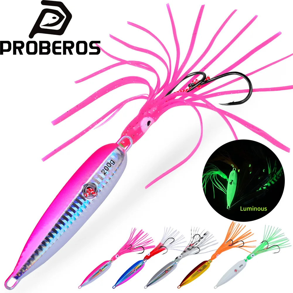 PROBEROS 40-200g Slow Metal Jig Luminous Squid Hook Sinking Saltwater Spinning Fishing for Marlin Snapper Grouper 1Pcs Jig Lures