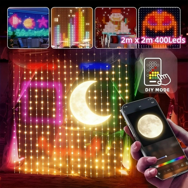 

Светодиодная гирлянда-штора на 400 LED с Bluetooth-управлением через приложение, RGB, синхронизация с музыкой, LED-дисплей для праздничного декора окон