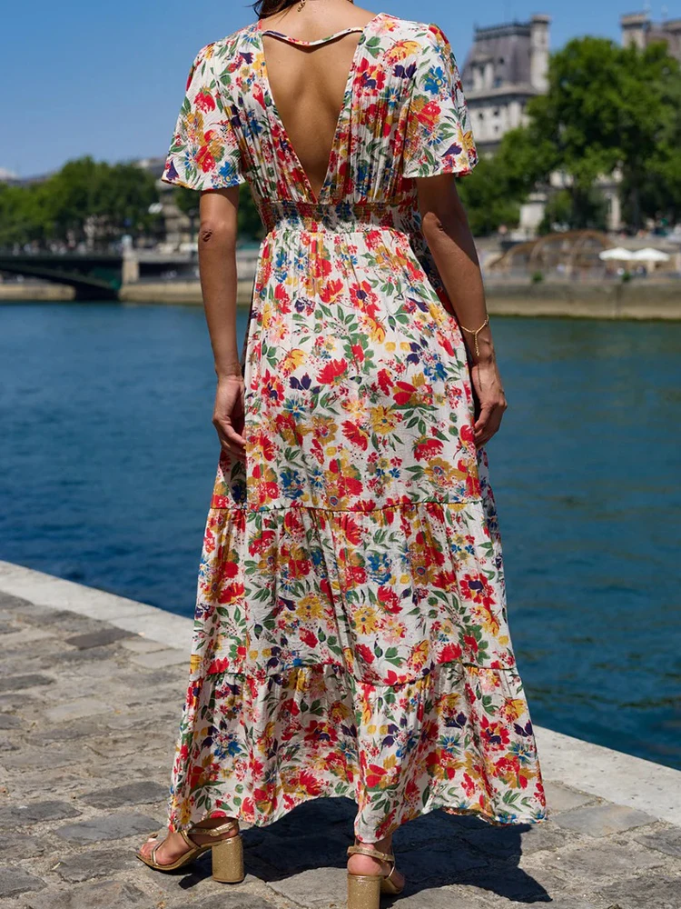 Senhoras sexy com decote em v plissado bohe vestido longo elegante padrão impressão férias vestido de festa moda altura cintura solta vestido de manga curta