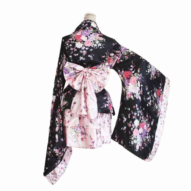 Japanese Kimono Sakura Printed Lolita Pink Short Sexy Layered Skirt  Maid Cosplay Costume Halloween Fancy Dress for Women