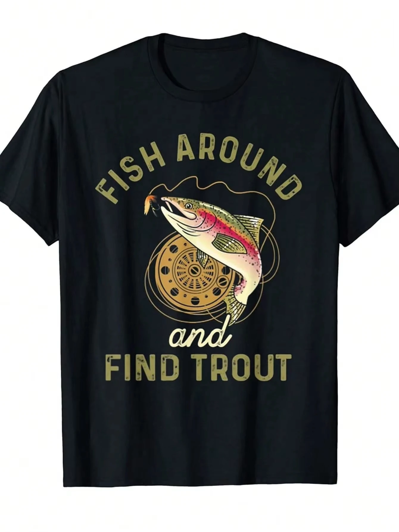 Humorous Fishing T-Shirt Featuring A Design about Searching for Trout, Available in Black and X-Small Size for Unisex Adults Tee