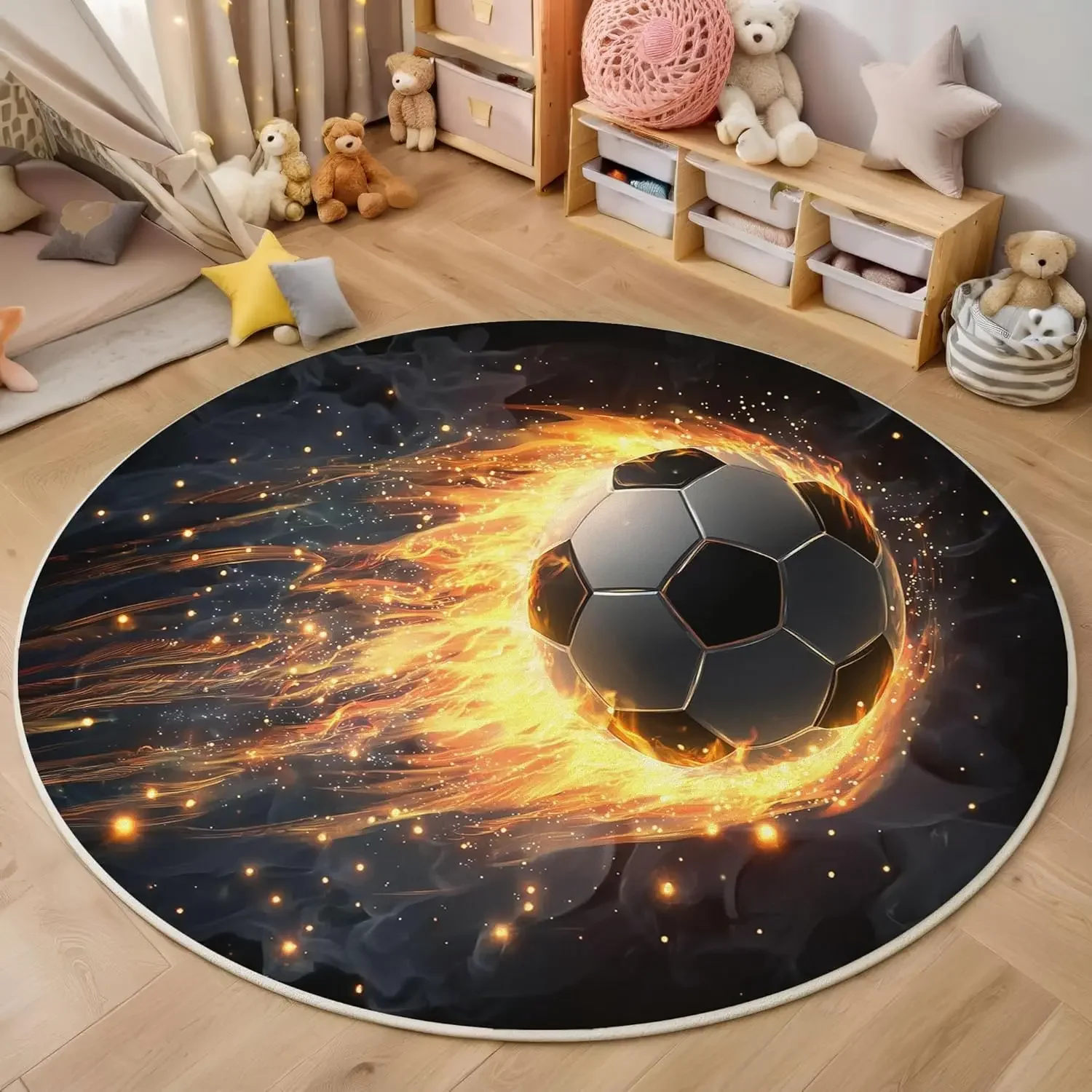 Round Rug Creative Soccer Ball Themed Art Design Floor Mat Popular Home Decoration Piece for Living Area Bedroom Layout