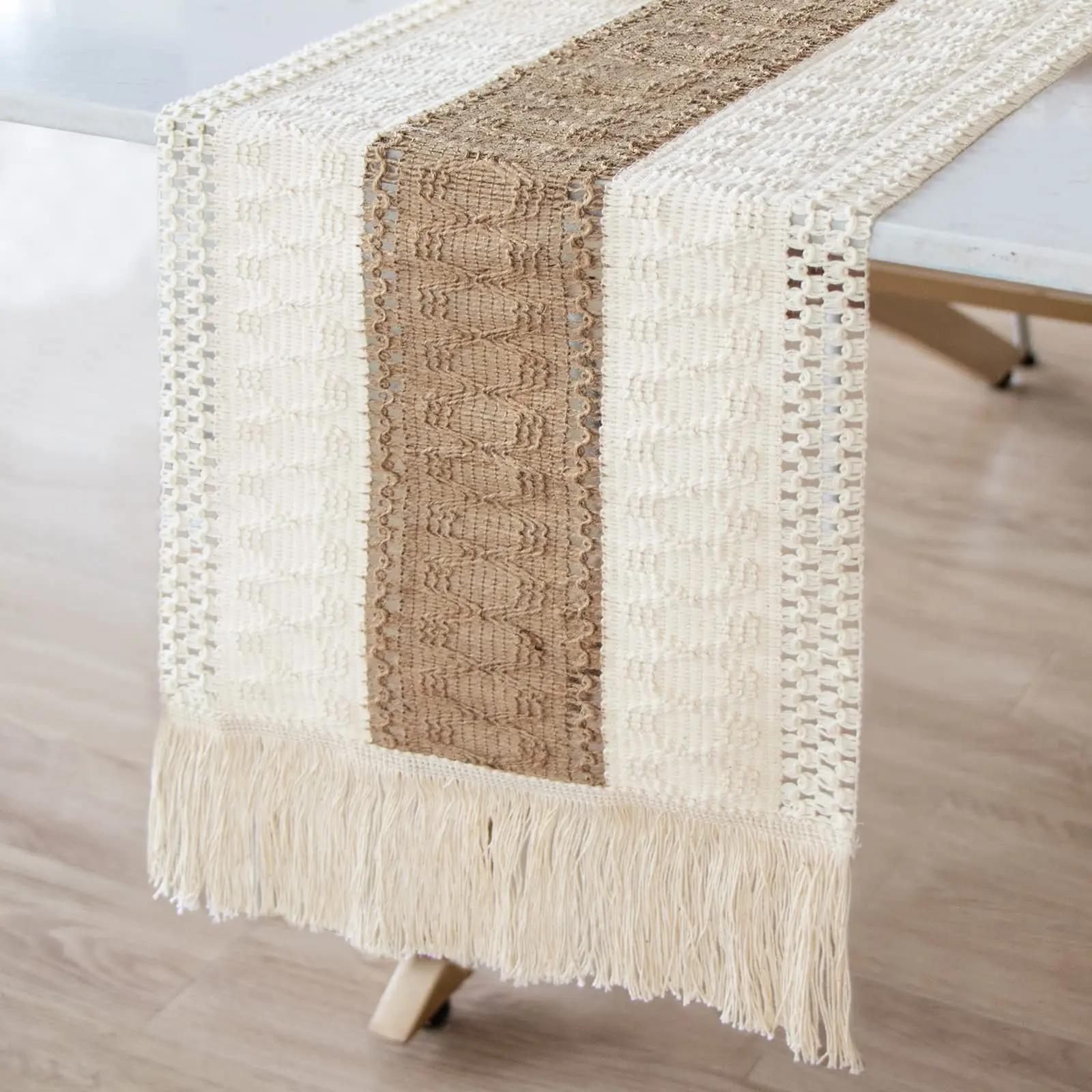 Łączenie juty bieżnik styl wiejski, bieżnik Boho nowoczesny wystrój wiejski rustykalna tkana bawełniana szydełkowa koronka