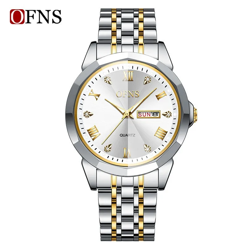 OFNS1502 luxury couple watch diamond cut diamond inlaid dial luminous waterproof dual calendar men's and women's quartz watch