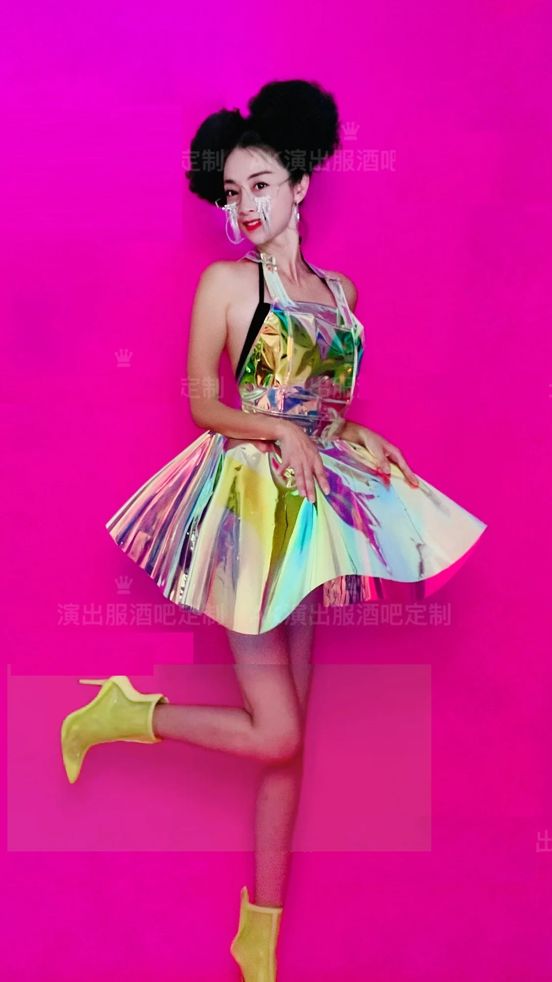 Arrive New Hologram A Line A Shape Laser Sympony Club DJ Dance Guitar Show Costumes Girls Fashion Chic Cosplay PVC Dress Rainbow