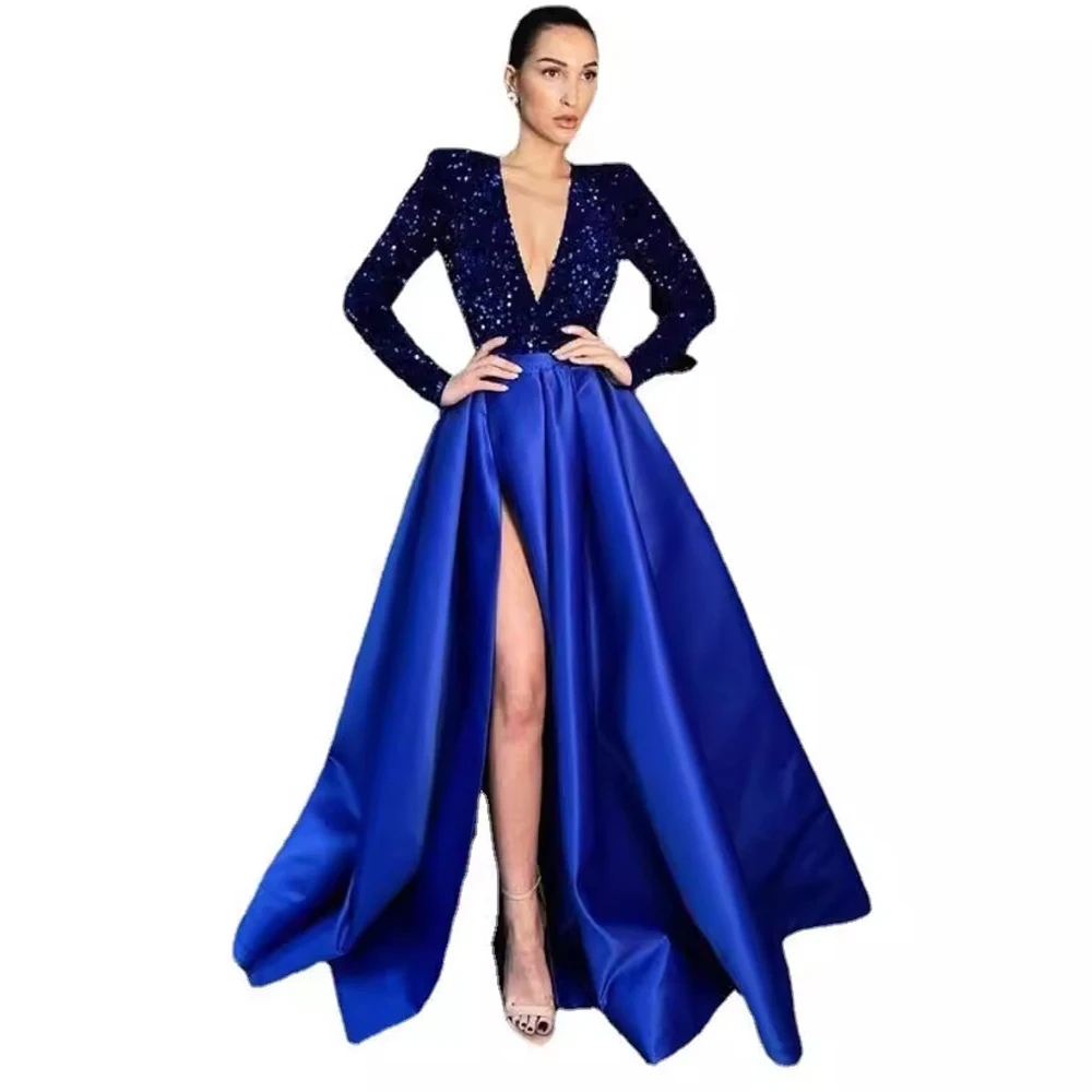 여자의 우아한 저녁 스팽글 드레스 섹시한 깊은 v 넥 새틴 슬림 맞는 민소매 가을 파티 칵테일 Fishtail 웨딩 드레스