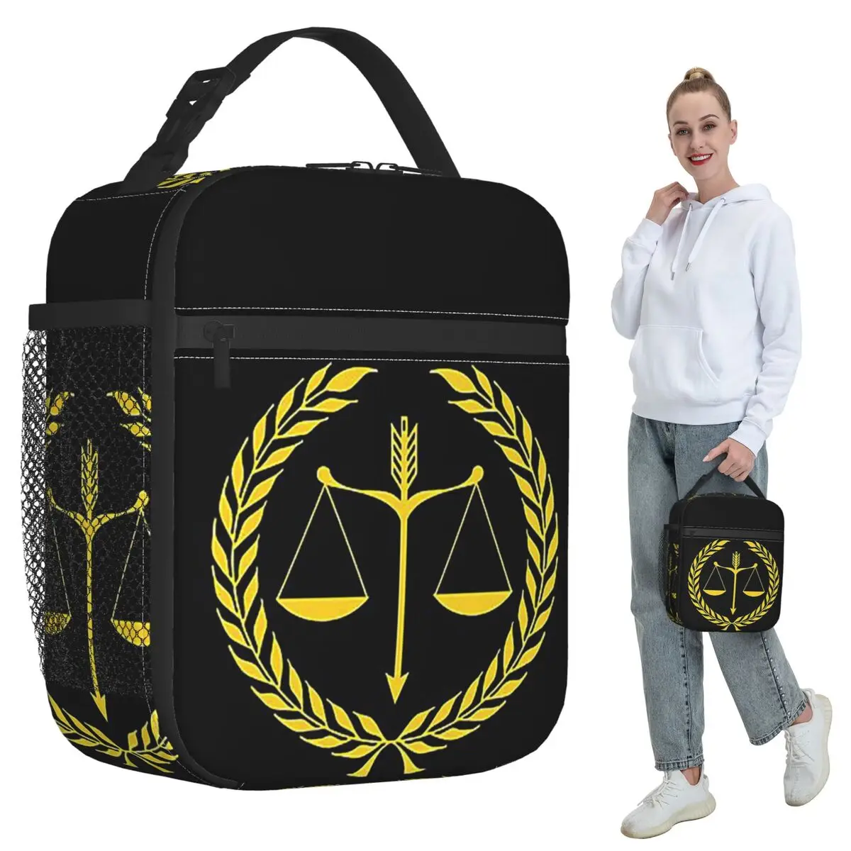 Sac à déjeuner isotherme pour enfants, motif logo de la balance de la justice en or, pour avocats, juristes, fêtes, boîte alimentaire thermique, sac fourre-tout pour le déjeuner