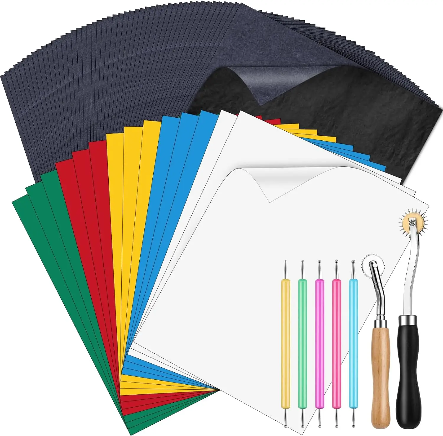

115Pcs Transfer Paper Kit with Tracing Wheel and Embossing Stylus for Sewing, Wood, Fabric, and Crafts, 9 x 11 Inch
