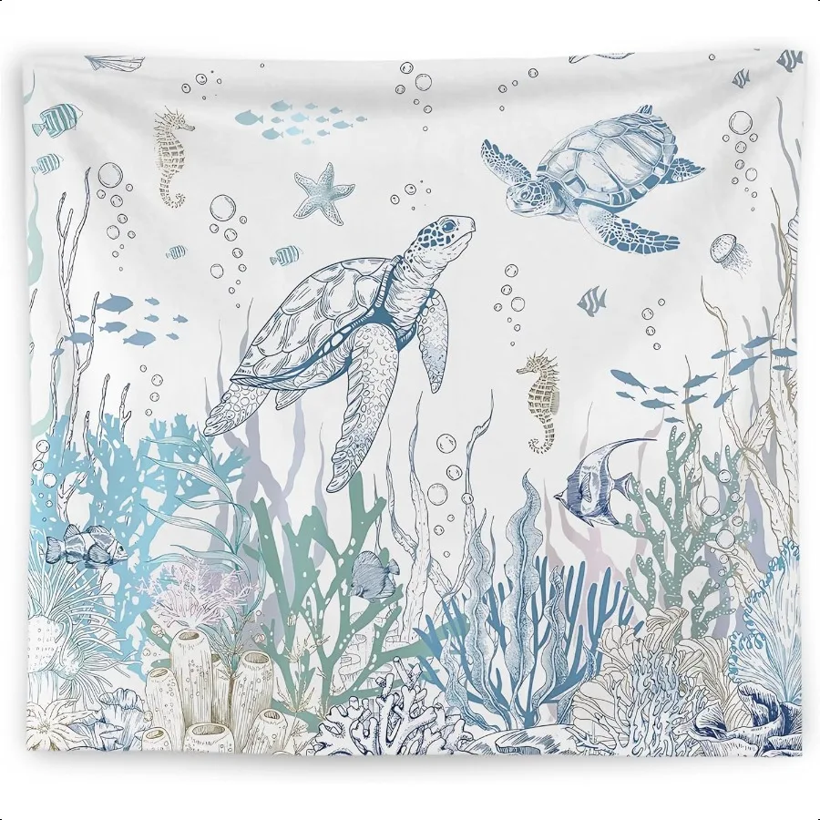 

Океанский гобелен Морская черепаха Морская звезда Морской конек Коралловая рыба под морем Гобелен Настенный декор океанской комнаты Морской прибрежный Wa