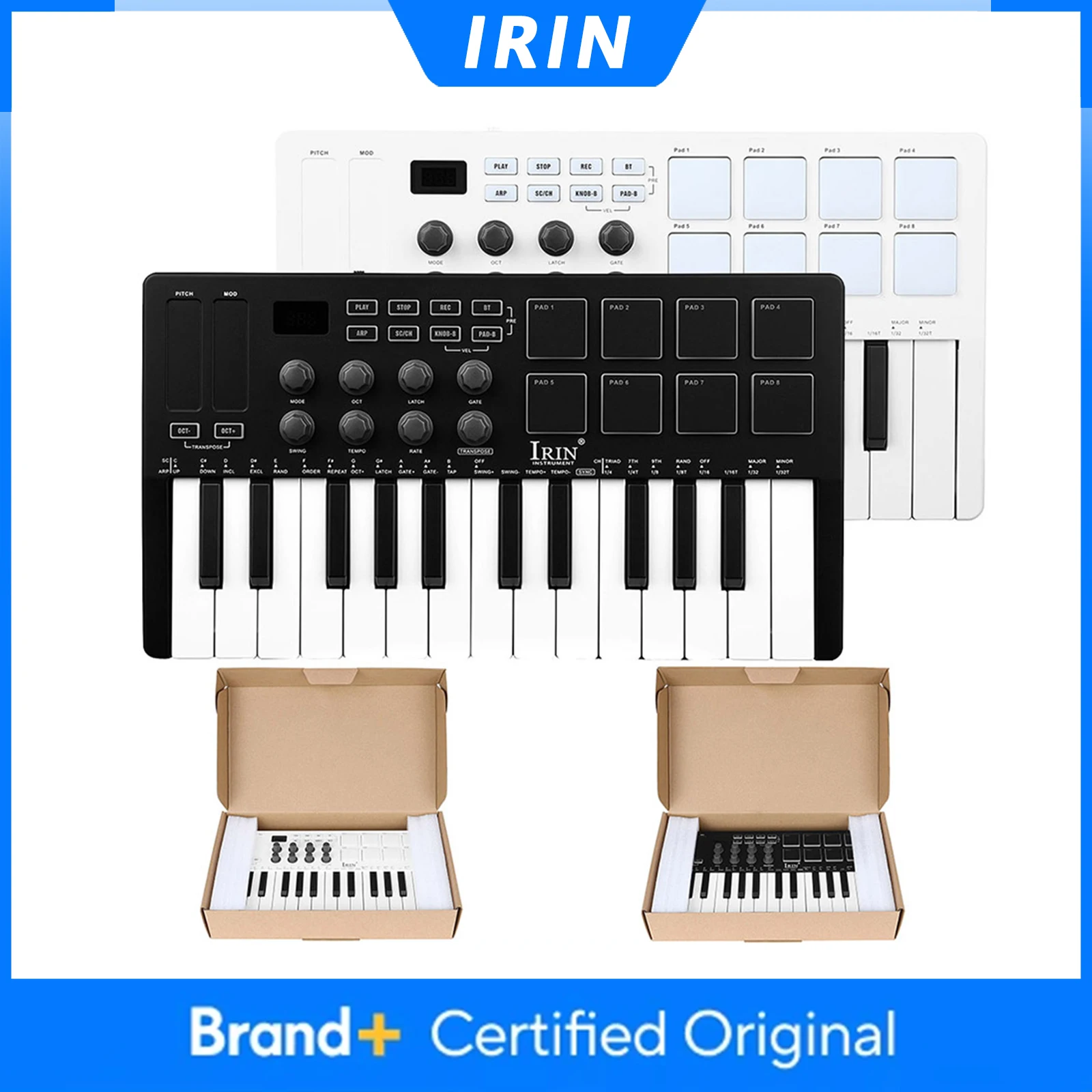 

IRIN SMK-25 25 Keys Keyboard MIDI Controller 8 RGB Backlit Drum Pads Beats Maker Music Keyboard Strike Pad for Music Production