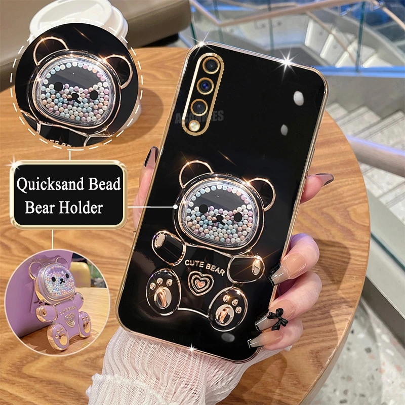 A 50 70 30 Cute Plating Quicksand Bear Holder Case For Samsung Galaxy A50 A70 A20 A30s A30 A21s A7 2018 A51 Silicone Stand Cover