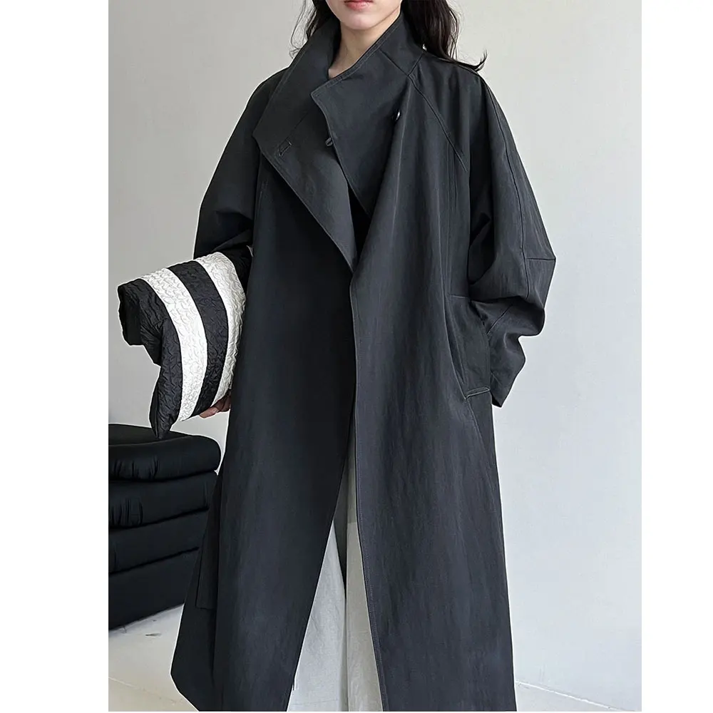 

High Quality Women Autumn Long Trench Coat High Quality Stand Collar Cotton Blending Trench Coat Femme Casaco Abrigo Streetwear