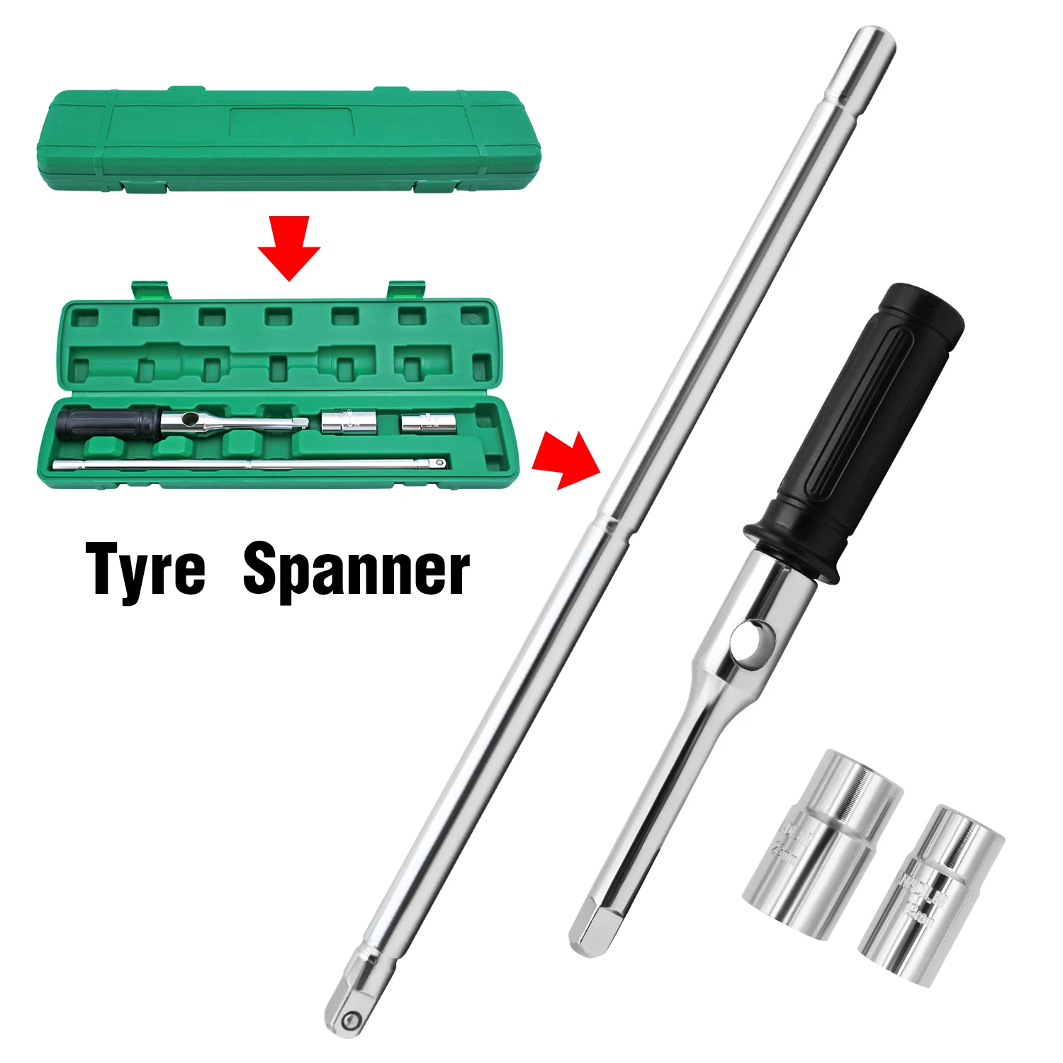 Extended Lug Wrench with Blow Storage Case Adjustable Motorcycle Wheel Nut Wrench with Standard Sockets CR-V Steel Wrench