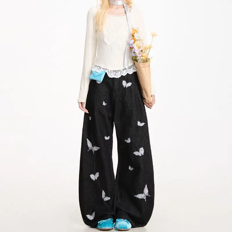 American Style Denim Pants Butterfly Embroidery Jeans for Women Contrast Color High Waist Vintage All-match Loose Jeans