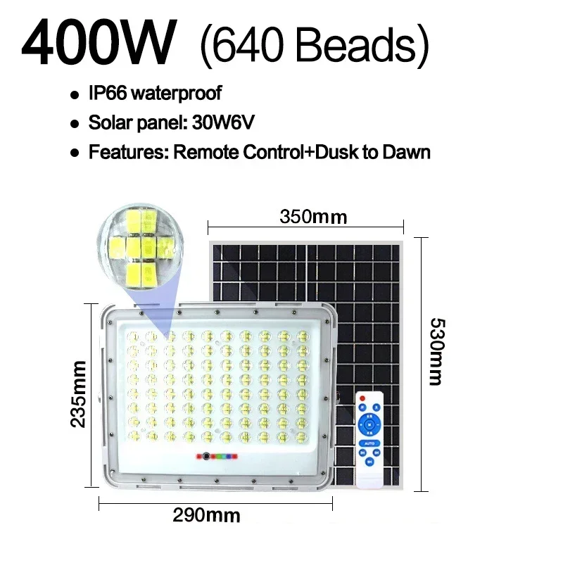 Imagem -02 - Luz de Inundação Solar ao ar Livre Super Brilhante Refletor Impermeável Projectores Solares com Controle Remoto para Jardim 50w 100w 200w 400w