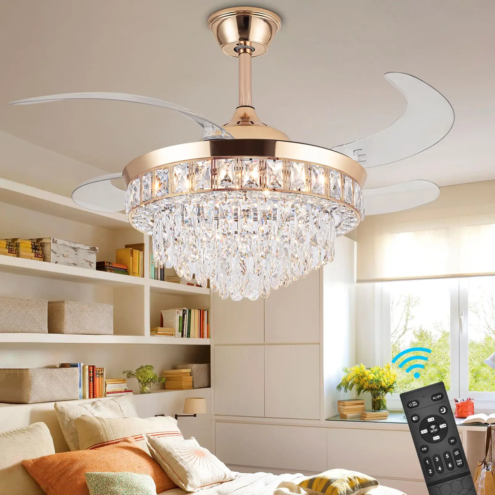 Crystal Ceiling Fan with Light,42Inch Gold Crystal Fandelier,Modern Stepless Dimmable Chandelier Fan with Remote Control 6 Speed