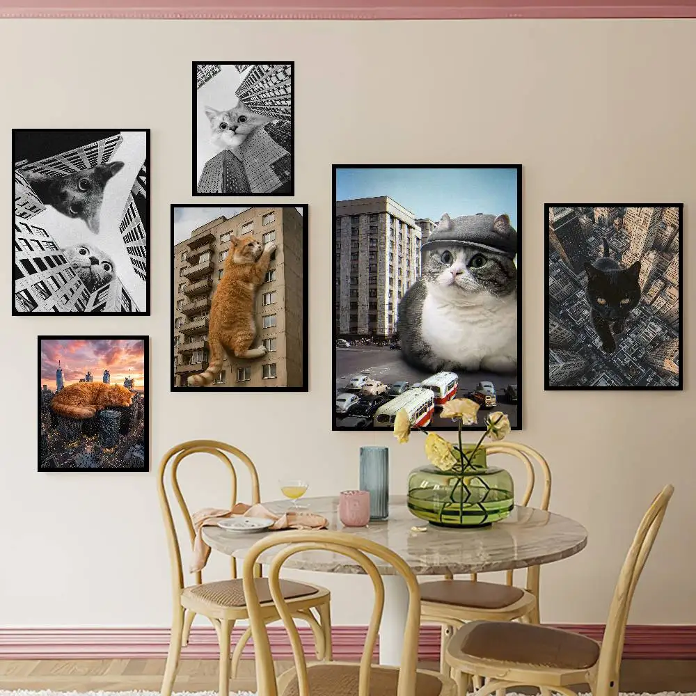 Giant Cat City Destroy Poster, Funny Meme Kitty Wall Art Print, Surreal Huge Cat Urban Building Scenery Poster for Room Decor
