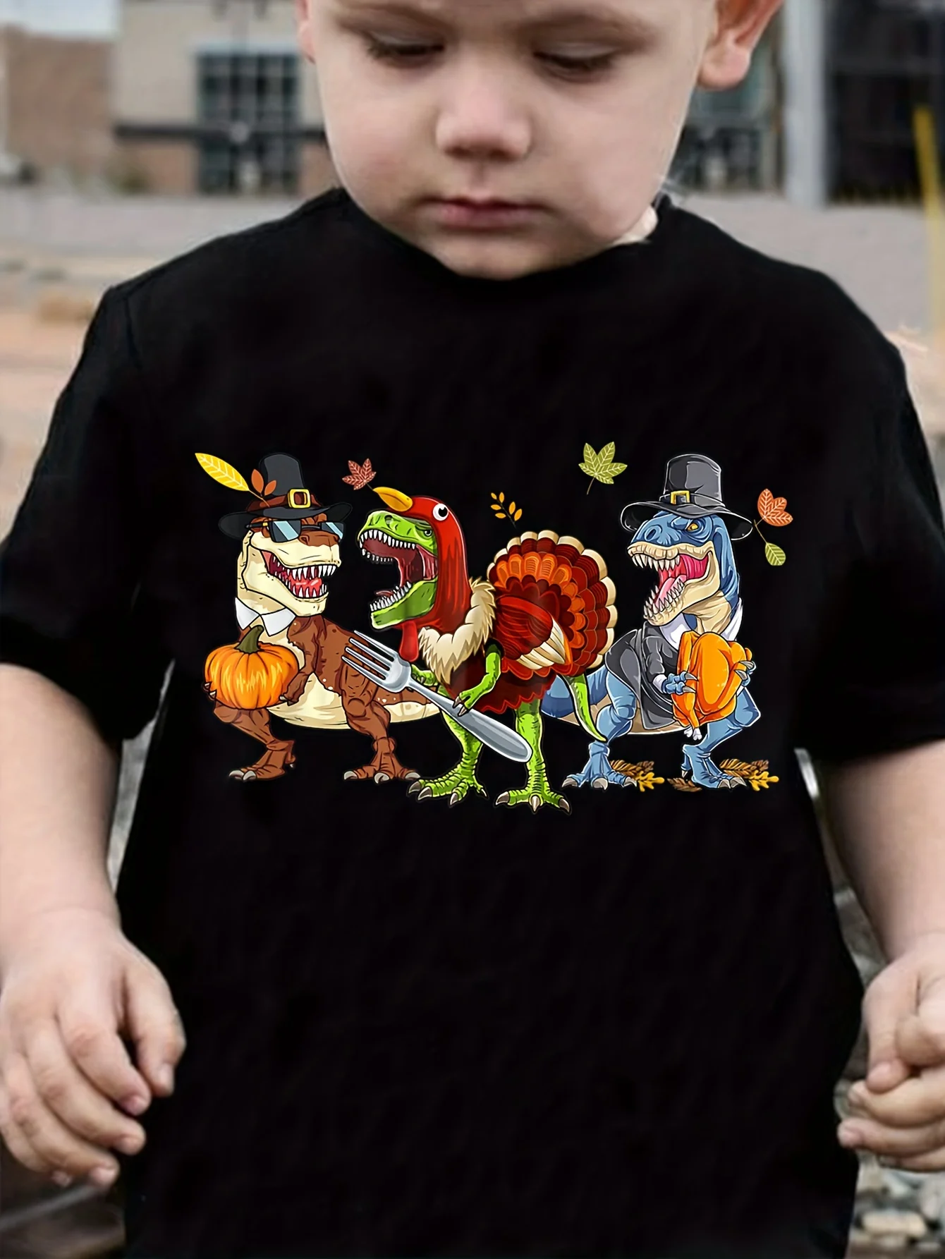 Boys‑Cartoon‑Dinosaur‑Turkey‑Print‑Slight‑Stretch‑Regular‑Fit‑Crew‑Neck‑Spring‑Summer‑Kids‑T‑Shirt