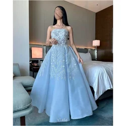 Cathy Aqua Blue Flowers Embroidery Party Dresses Organza Strapless vestidos de noiva Sleeveless Floor-Length Evening Dresses