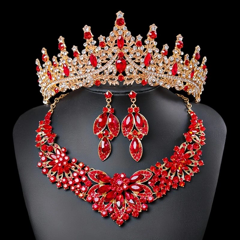 Kristallen Strass Bruids Tiara 'S Kroon Vrouwen Koningin Prinses Paars Roze Rood Blauw Groen Ketting Sets Mode Sieraden Set Diademen