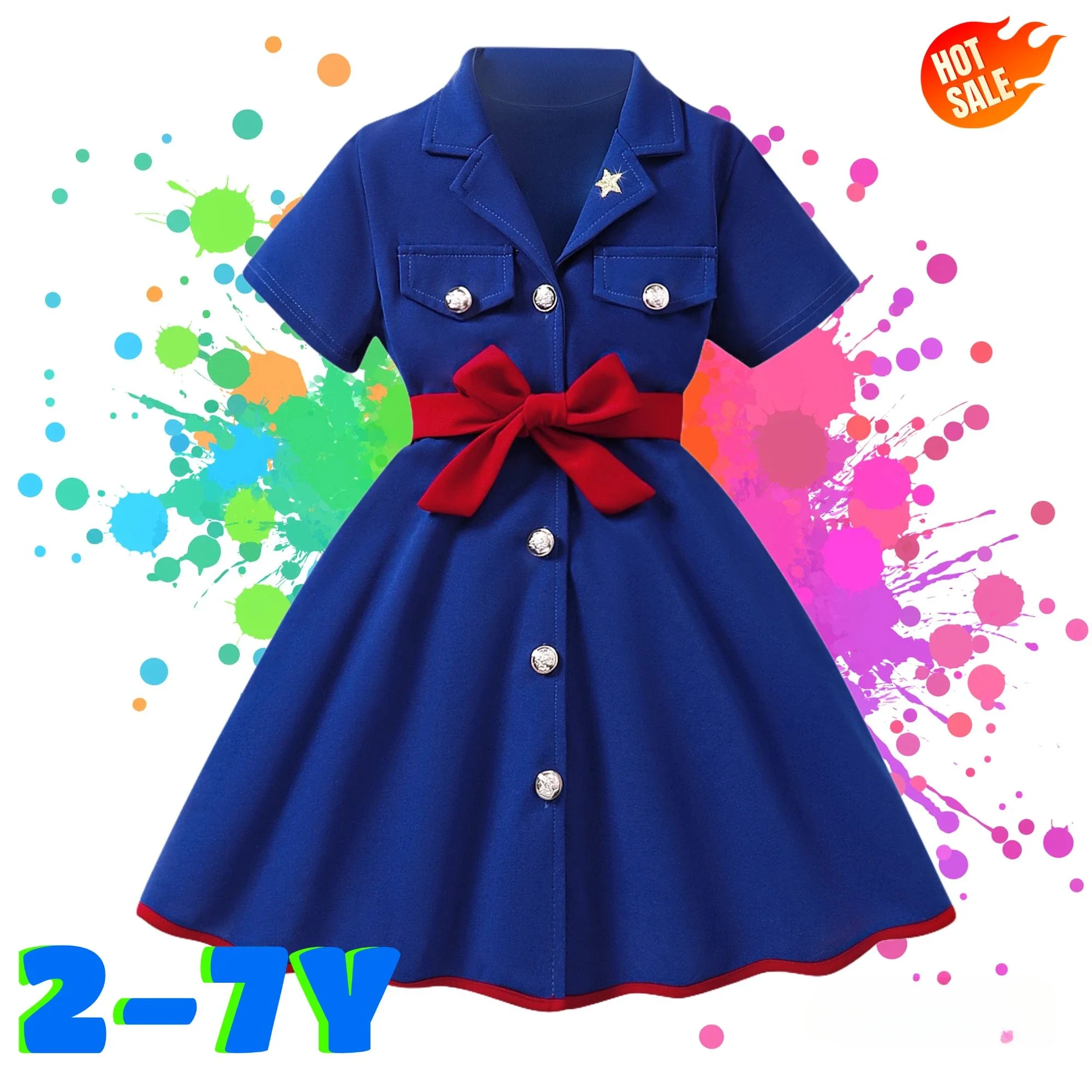 

2-7Yrs Blue Dress for Kids Girl Summer Clothes Elegant Fashion Casual Toddler Girls Dress Birthday Party Bow Belt Children Dress