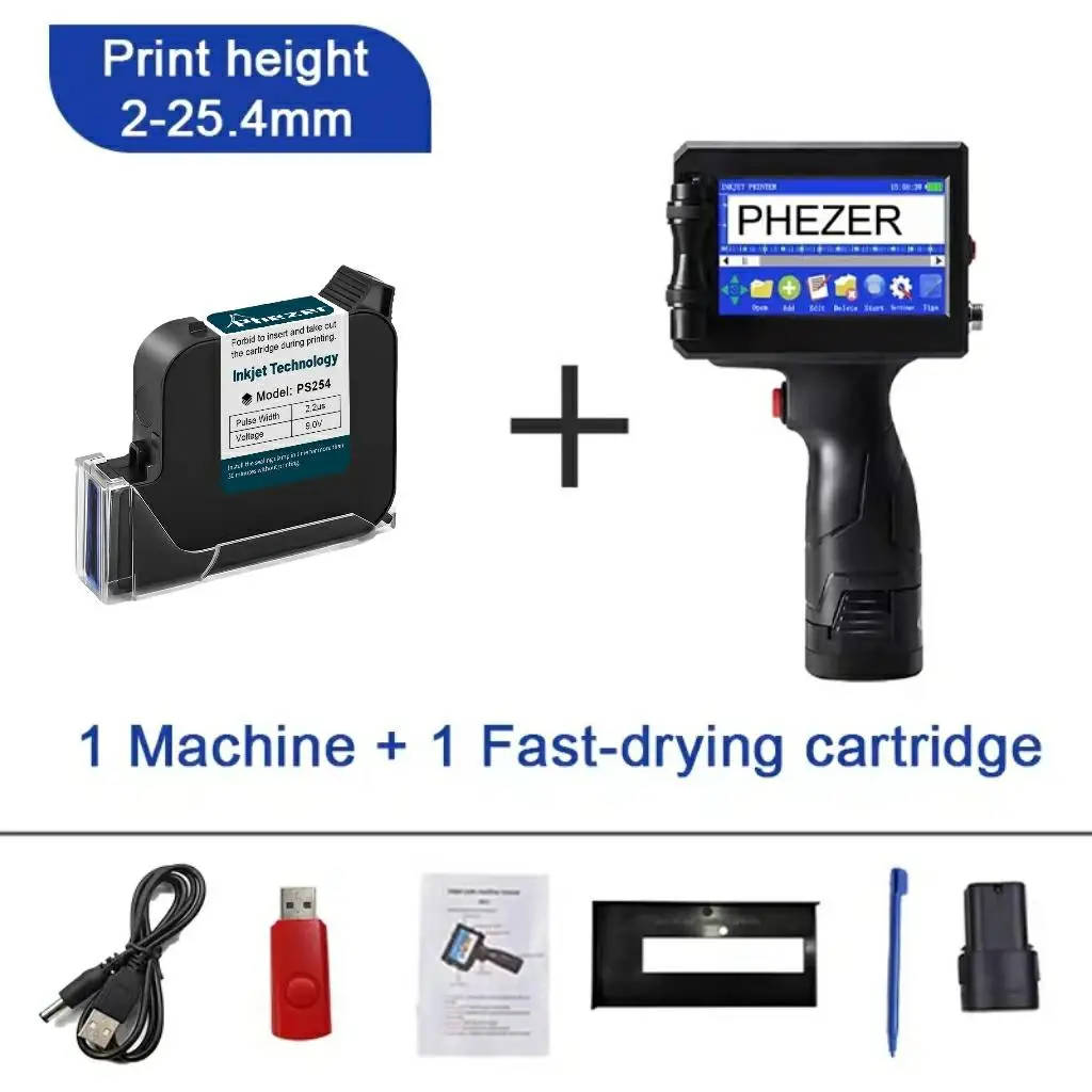Phezer 12,7/25,4 mm labelprinter Handheld inkjetprinter QR Bar Batchcode Datumnummer Logo Vervaldatum Coderingsmachine Draagbaar - afbeelding 1