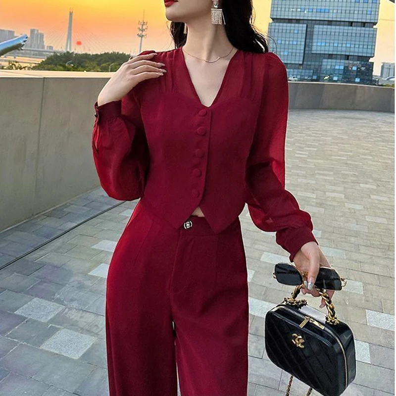 Summer New Solid Color Suit Women V-neck Slim Long Sleeve Lace Patchwork Button Cardigan and Zipper High Waist Wide Leg Trousers