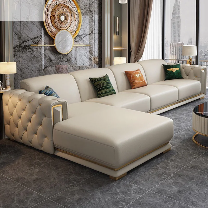 fgModern Luxury L-Shaped Genuine Leather Modular Three Seat Sofa Set High-Density Sponge for Apartment-Friendly Living Room&