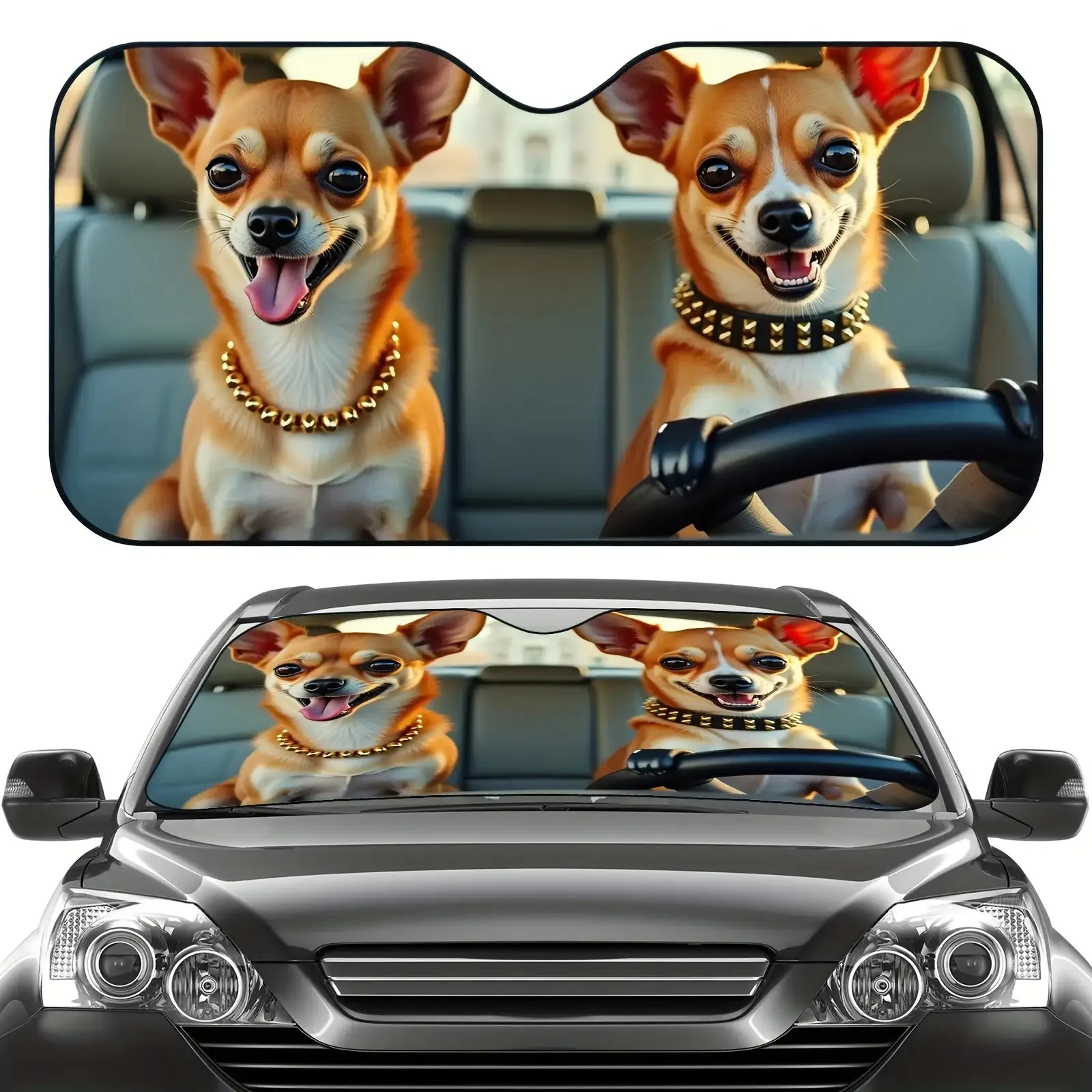 

1pc Funny Car Sunshade With Cute Chihuahua Dogs In Car Design - UV Blocking & Heat Reduction Windshield Shade, Foldable Sun Viso
