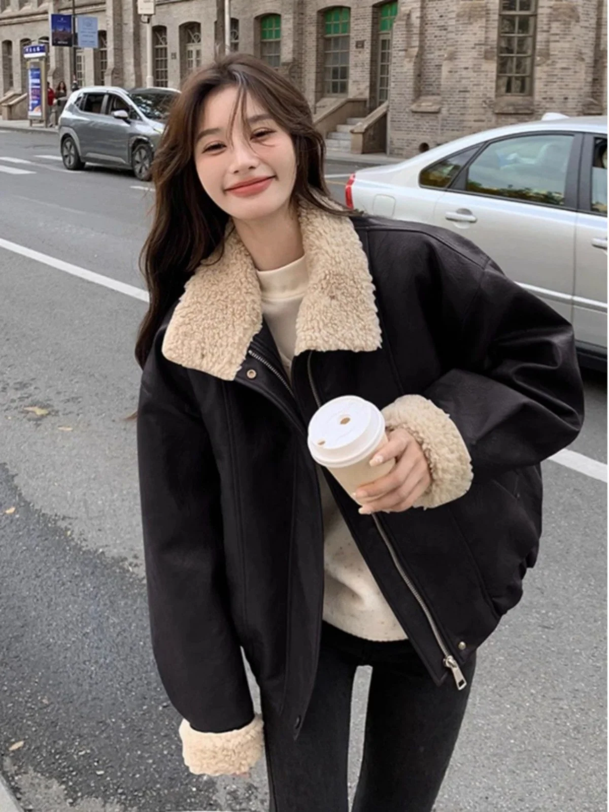 

Lamb Velvet Leather Jaet Women's Autumn Winter American Retro Motorcycle Clothes PU Leather Jaet Street Sle Loose Fit