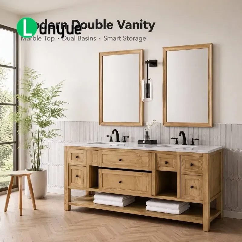 Double Sink Bathroom Vanity with Drawers Open Shelving Light Wood Marble Countertop Matte Black Faucet Two Mirrors Modern