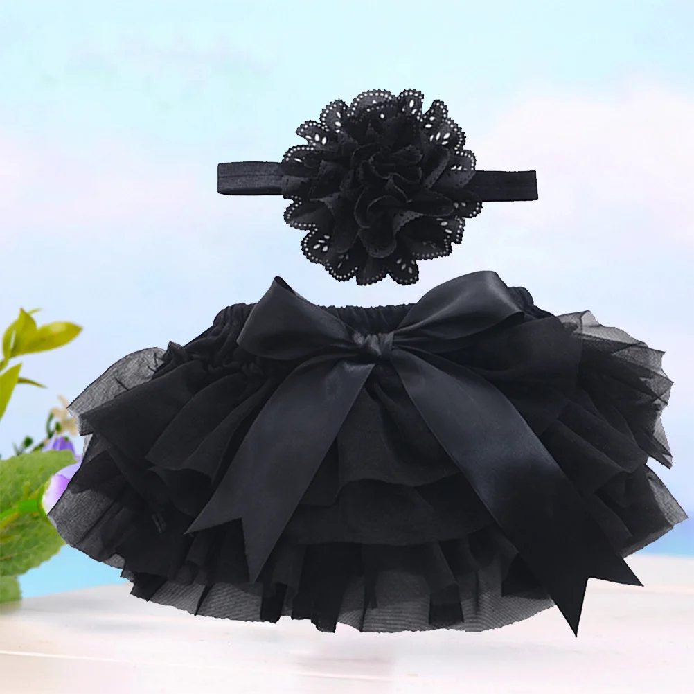 

1Pcs Tutu Skirt Baby Girls Photography Props Newborn Birthday Dress Headwear Size S Black Soft Tulle Layers Satin Elastic
