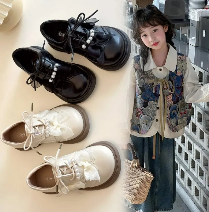 

Beautiful and simple Lolita-style children's shoes, 2026 new model Mary Jane shoes, pearl lace bow style casual leather shoes