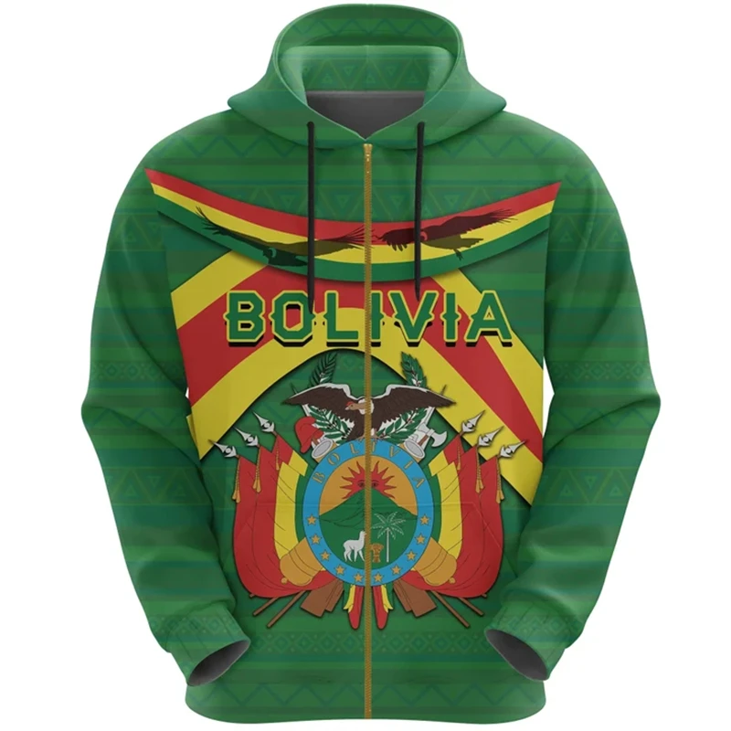 3D Printed Men\'s Bolivia Flag Hoodie Long Sleeve Casual Zipper Jacket Sweatshirt Sportswear For Men Women Pullovers Hoodies 2024