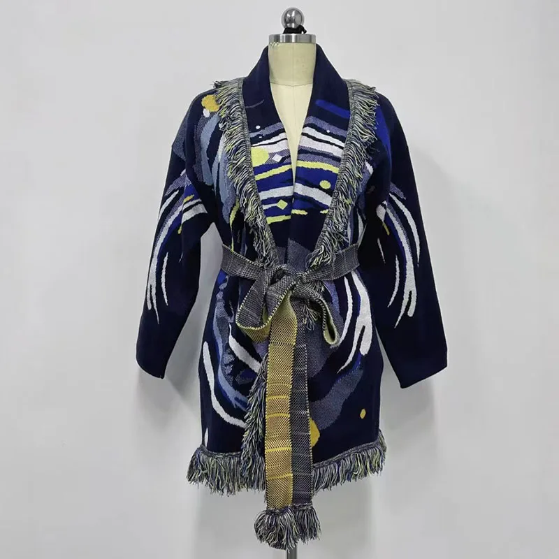 Cardigan feminino com franjas jacquard e gola frontal, jaqueta suéter casual elegante, jaqueta de alta qualidade, inverno, recém-chegado,