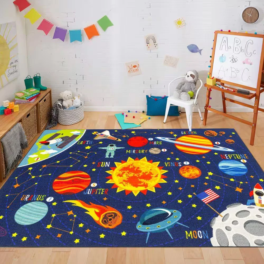 Cartoon Space Rocket Planet Rug Cute Solar System Print Non Slip Carpet for Playroom Bedroom Home Decor