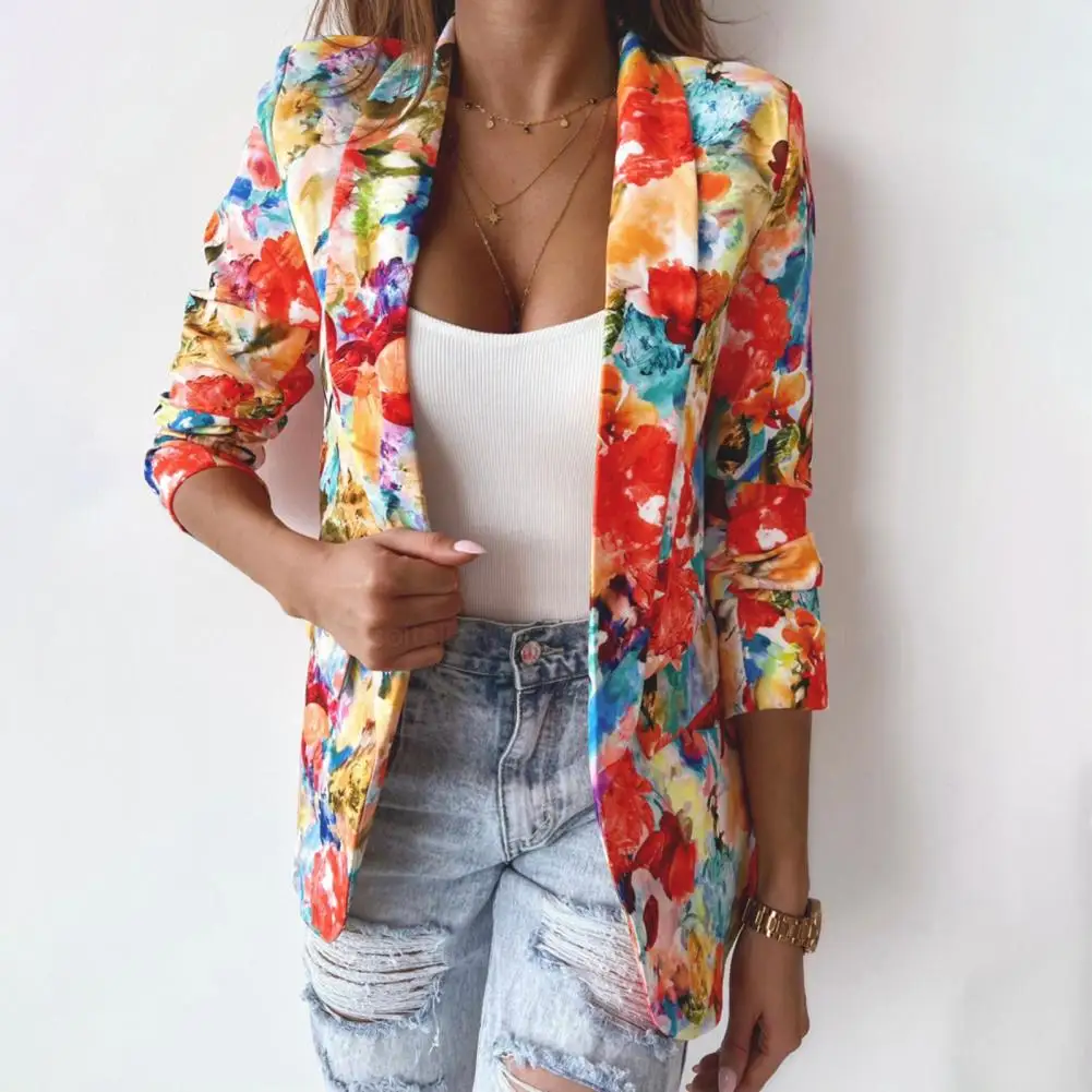 Stylish Office Lady Blazer Outwear Cardigan Blazer Multicolor Slim-fitting Flower Pattern Blazer  Slim